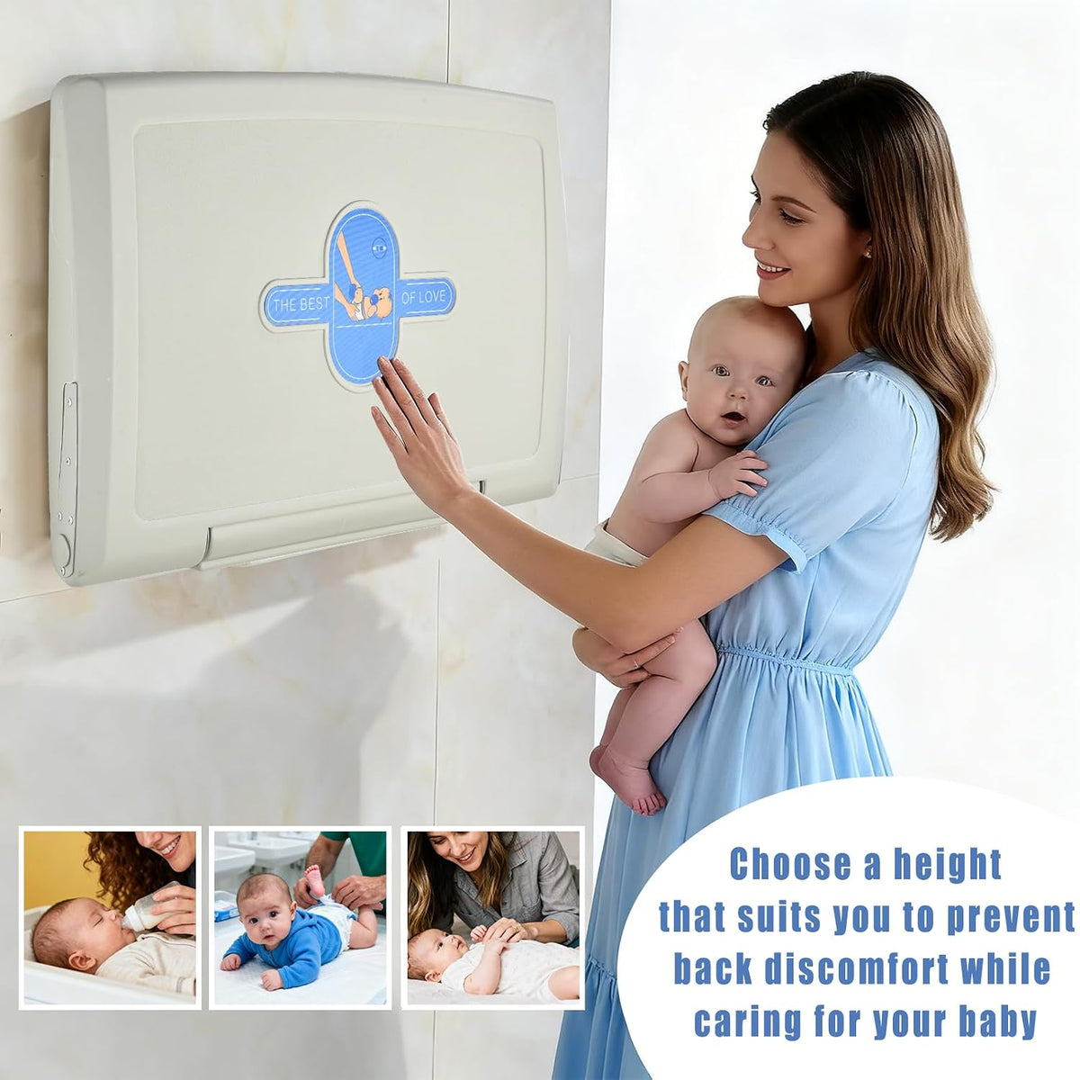 Smiling woman holding a baby beside a closed wall-mounted changing station on a tiled wall
