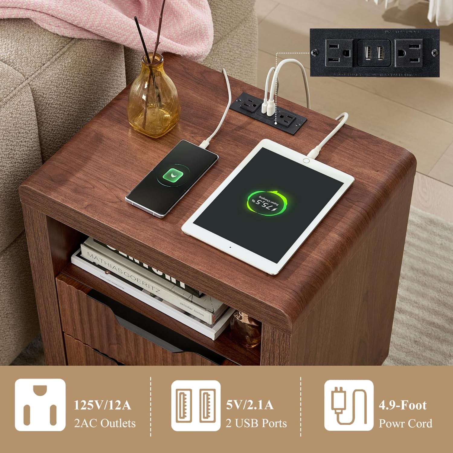 Top view showing two USB ports and two AC outlets built into the nightstand top with devices charging
