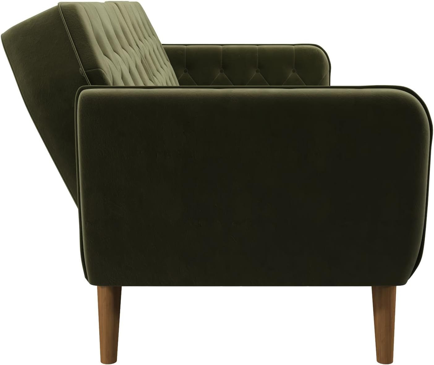 Side profile of a green velvet futon showing rounded arm, tufted back, and wood tapered legs