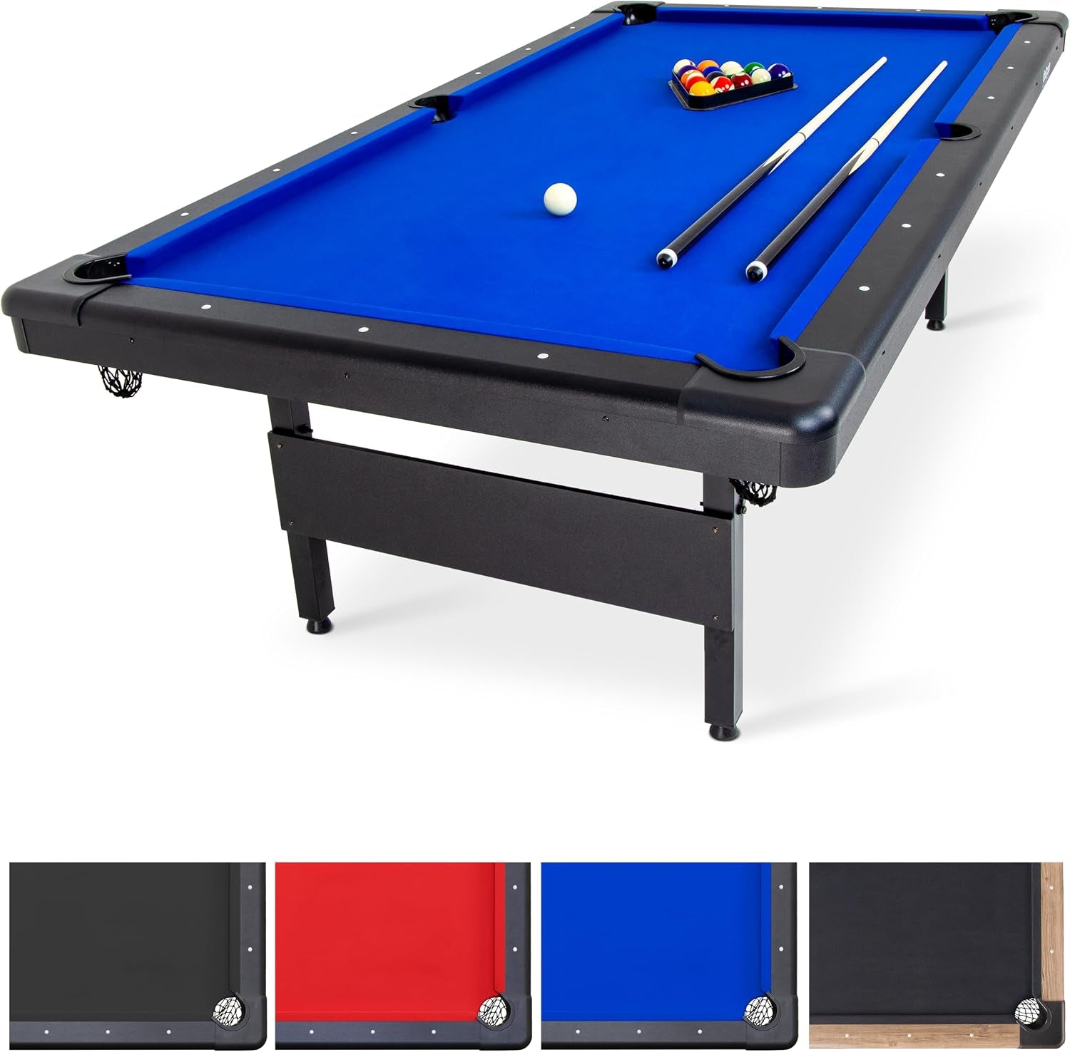 Three-quarter view of a blue-felt pool table with two cues, racked balls and cue ball.