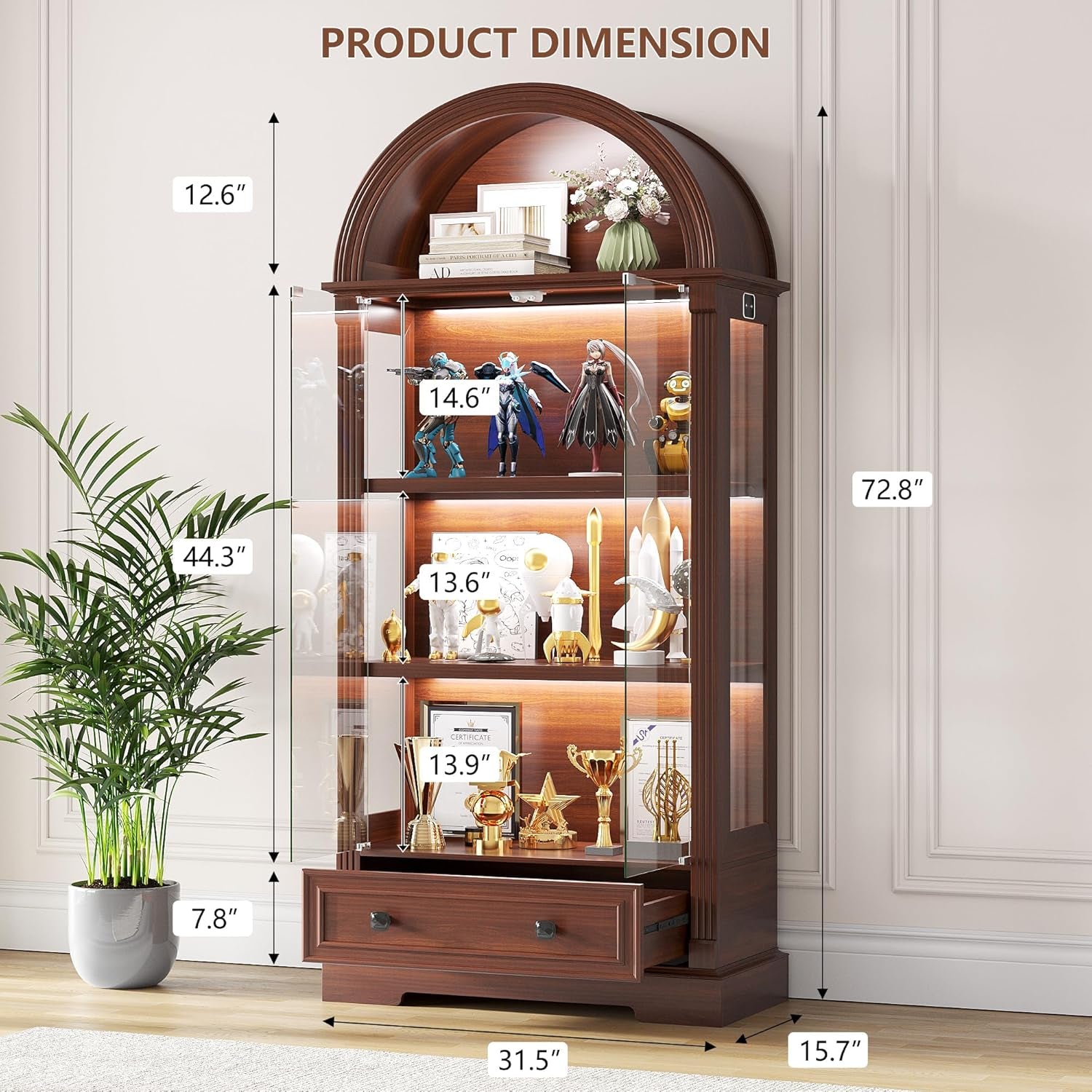 Dimension diagram of arched curio cabinet showing overall 72.8" height, 31.5" width, 15.7" depth and shelf measurements