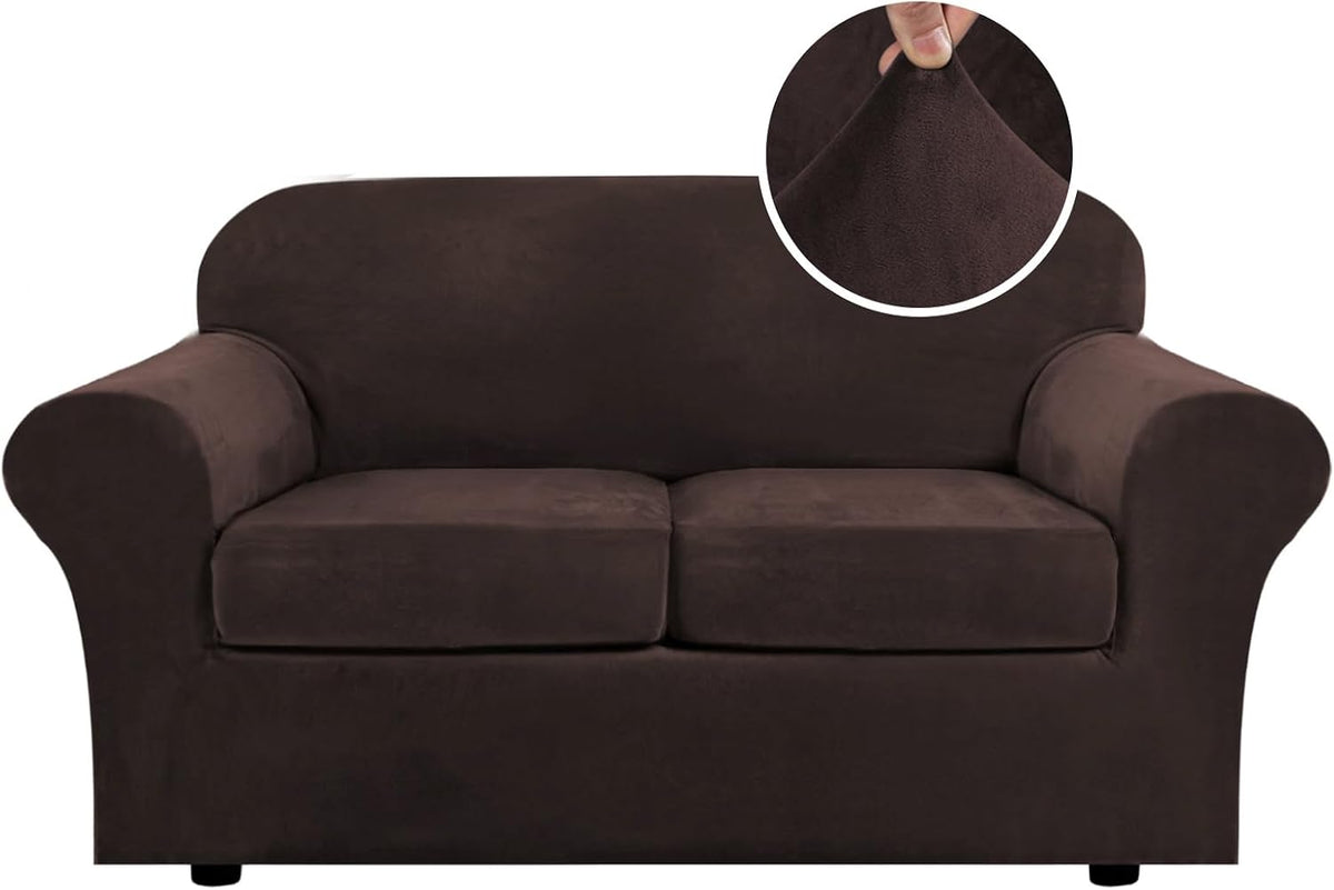 Front-facing two-seat loveseat in dark chocolate with low black feet visible and a round fabric-zoom inset.