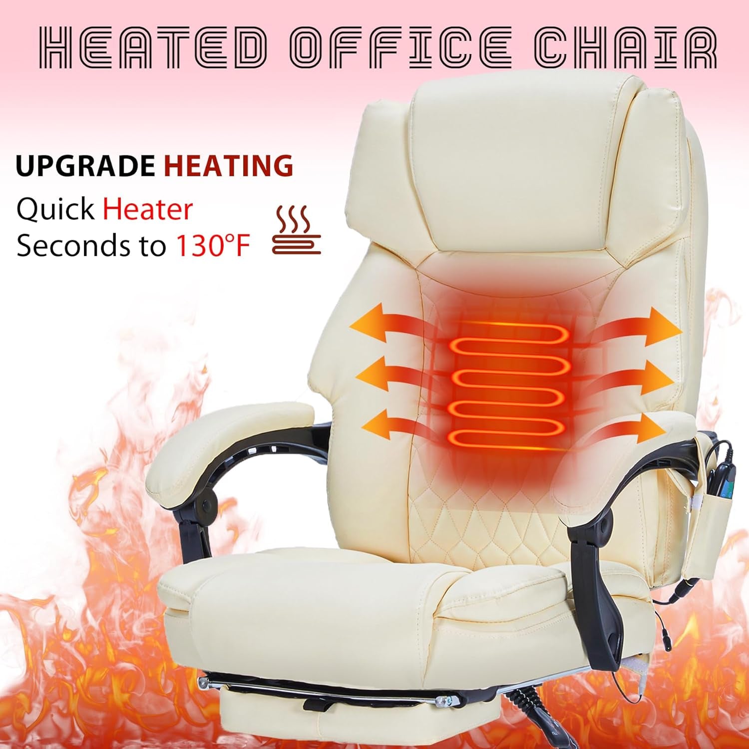 Angled view of cream office chair emphasizing heated backrest with glowing heat coils graphic and flames behind.