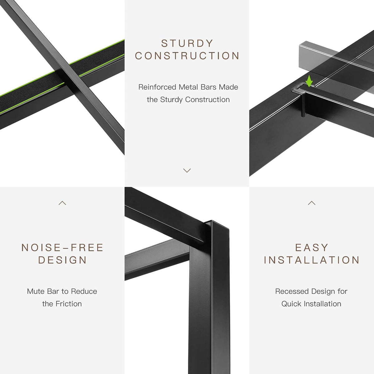 Detail collage of black metal frame showing reinforced bars, corner posts and noise-reduction strip