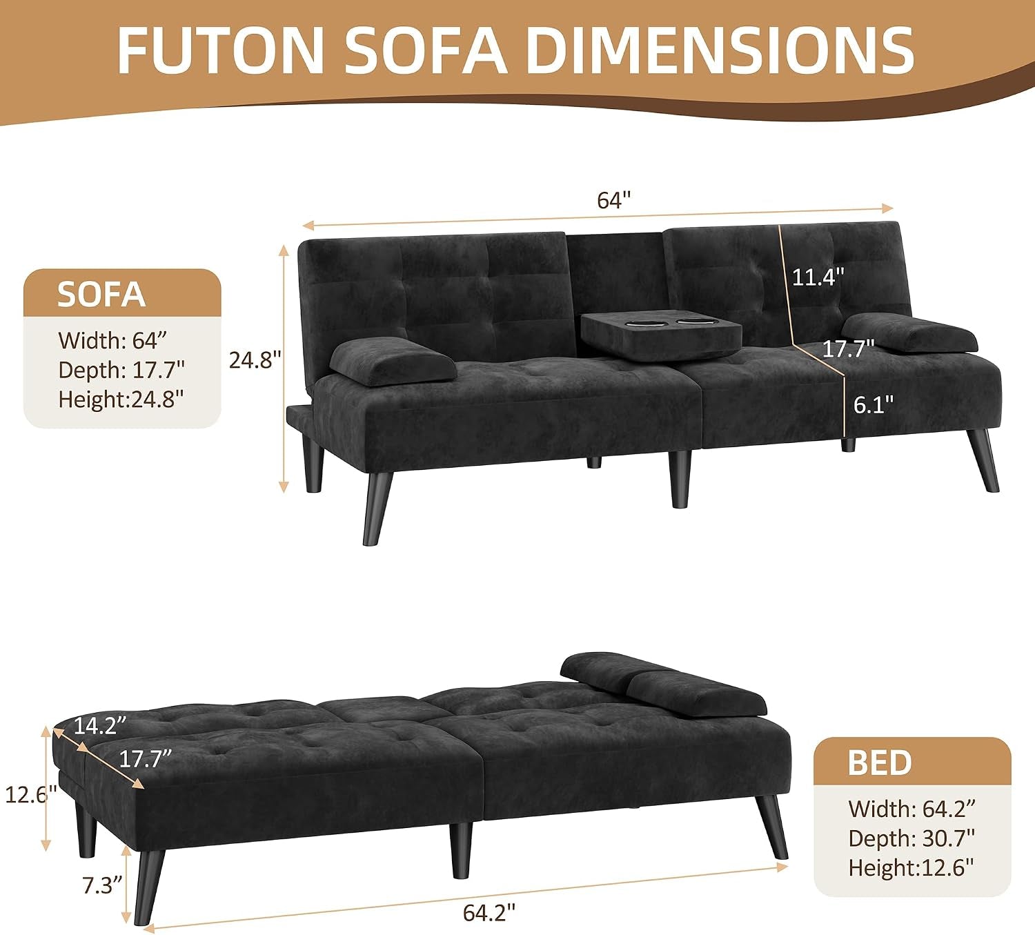 64" Futon Sofa Bed, Velvet Foldable Couch, Reclining Sleeper with Removable Armrests, Upholstered Loveseat Sofa Couch with Folding Cup Holders for Home, Office, Black
