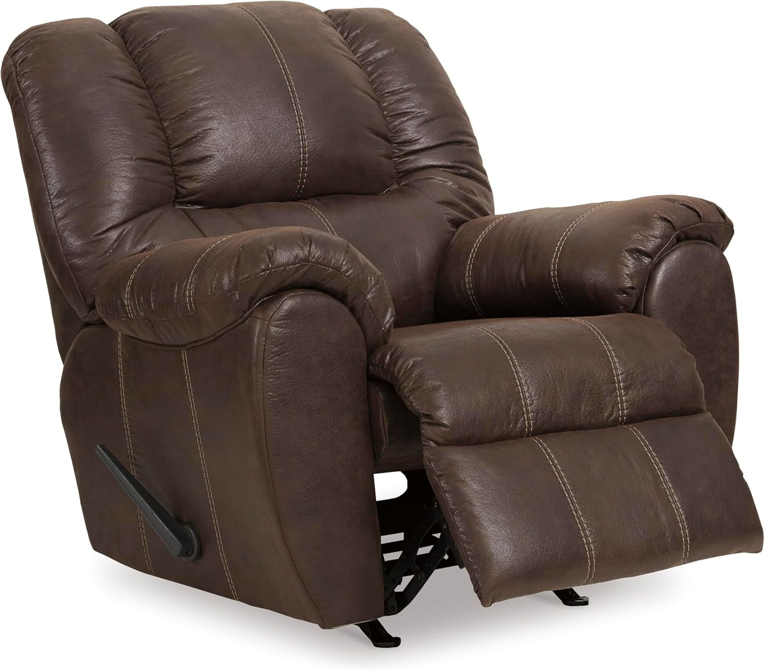 Front-right angle of the brown faux leather recliner with footrest partially extended and visible stitching