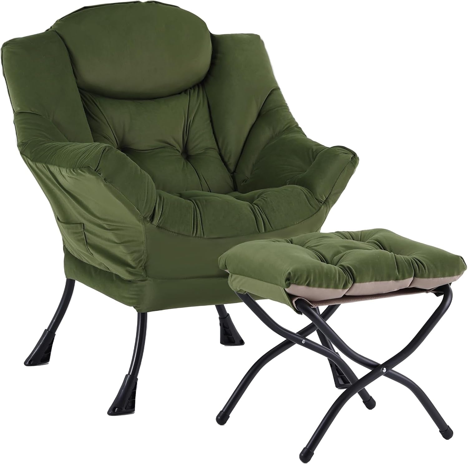 Olive green plush lounge chair with a coordinating padded ottoman on curved black legs