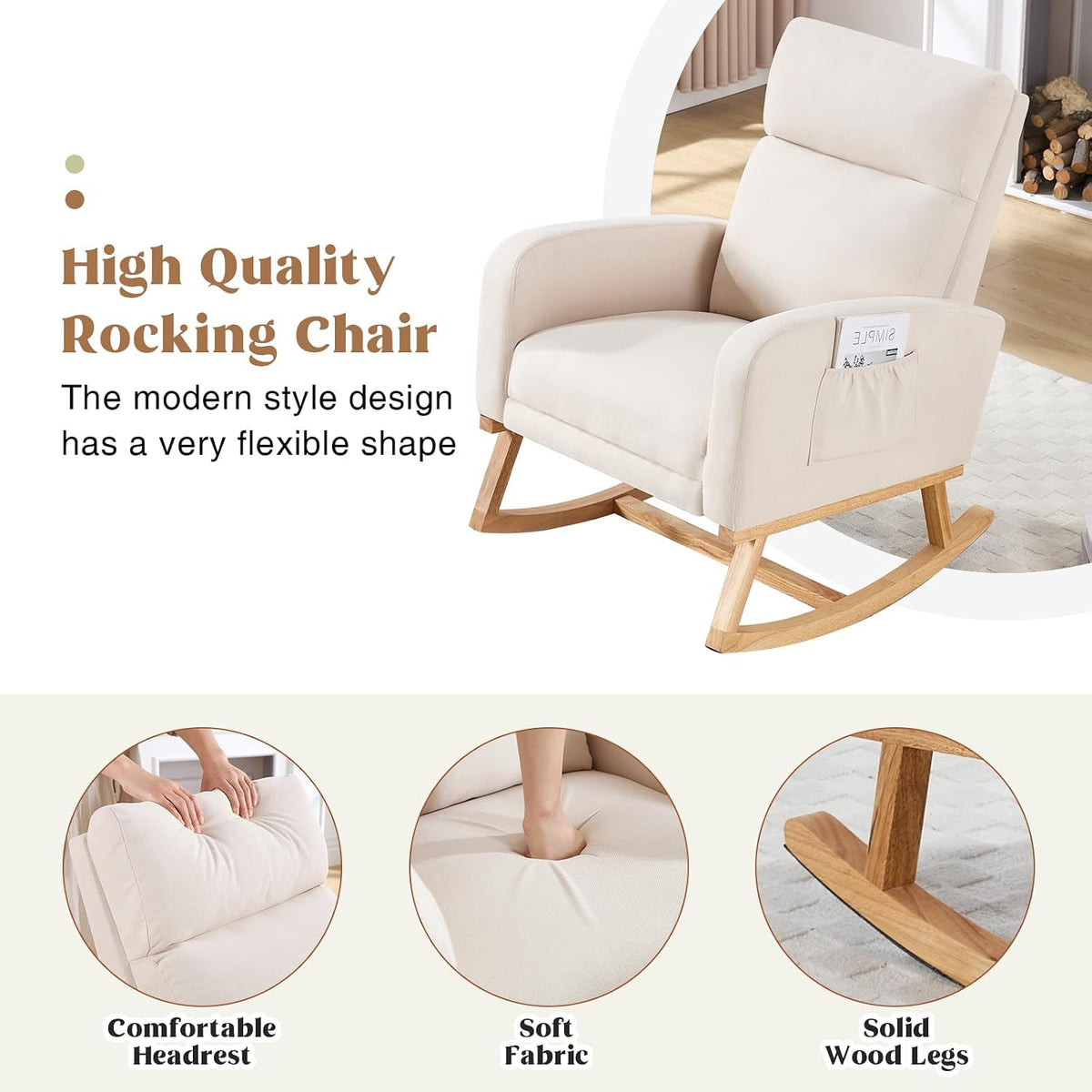 Three-quarter view of the beige rocking chair on a rug showing padded arms and wood legs.