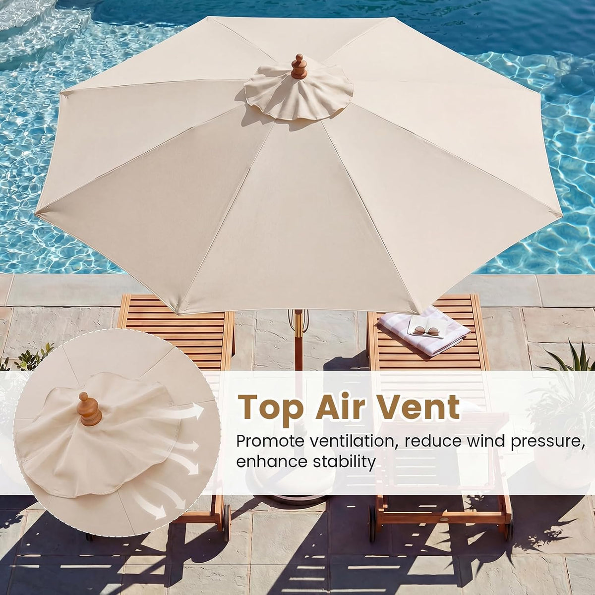 Top-down view of beige umbrella canopy with decorative finial above a swimming pool