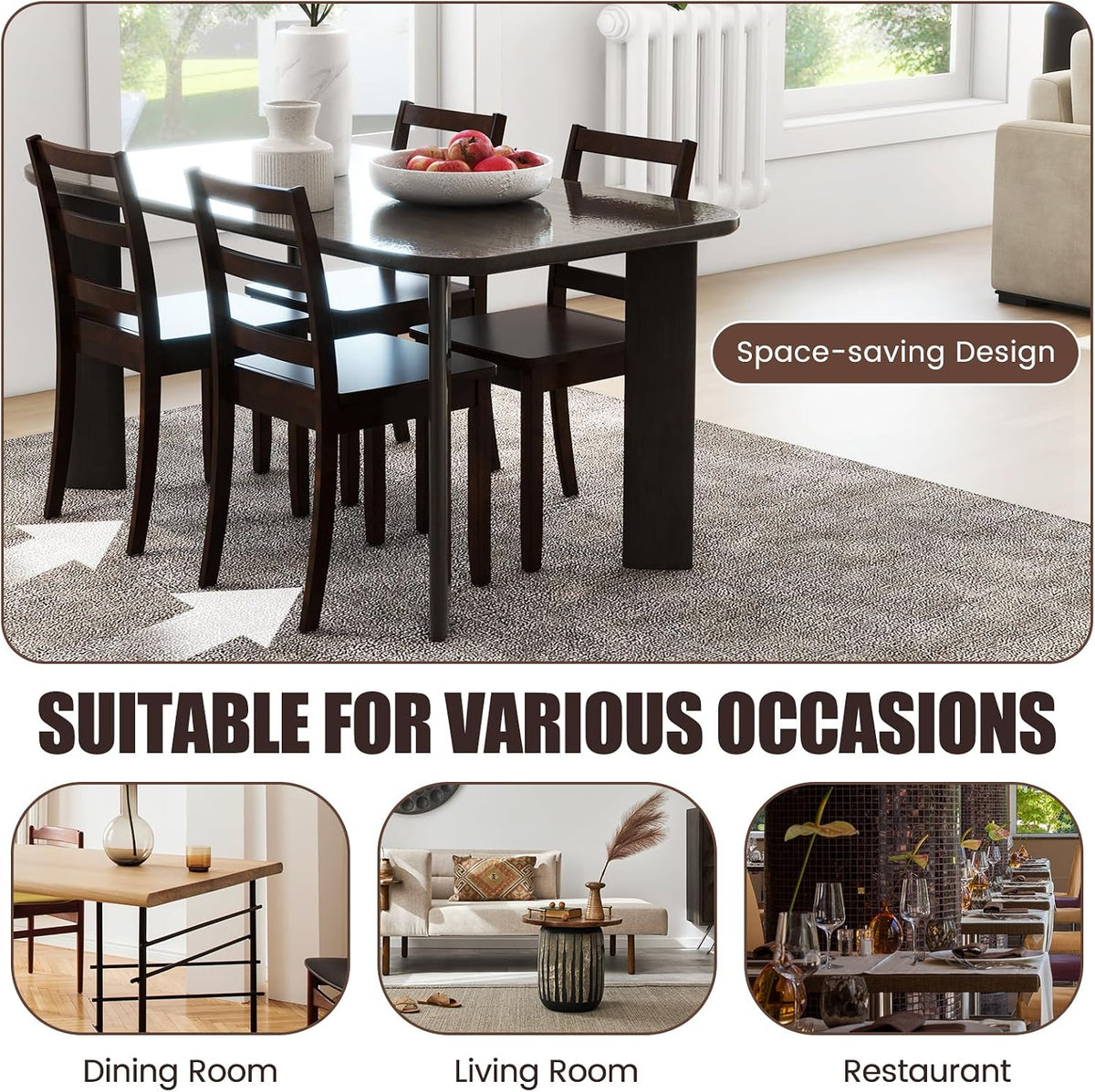 Three brown ladder-back chairs tucked under a rectangular table in a bright dining area.
