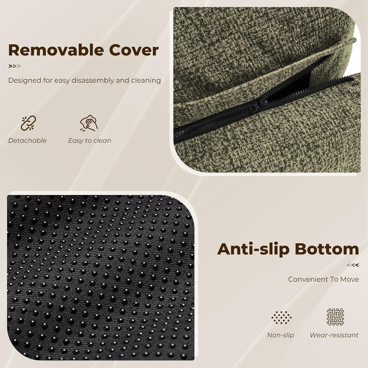 Close view of a black zipper on the removable cover and a textured black anti-slip dotted fabric panel.