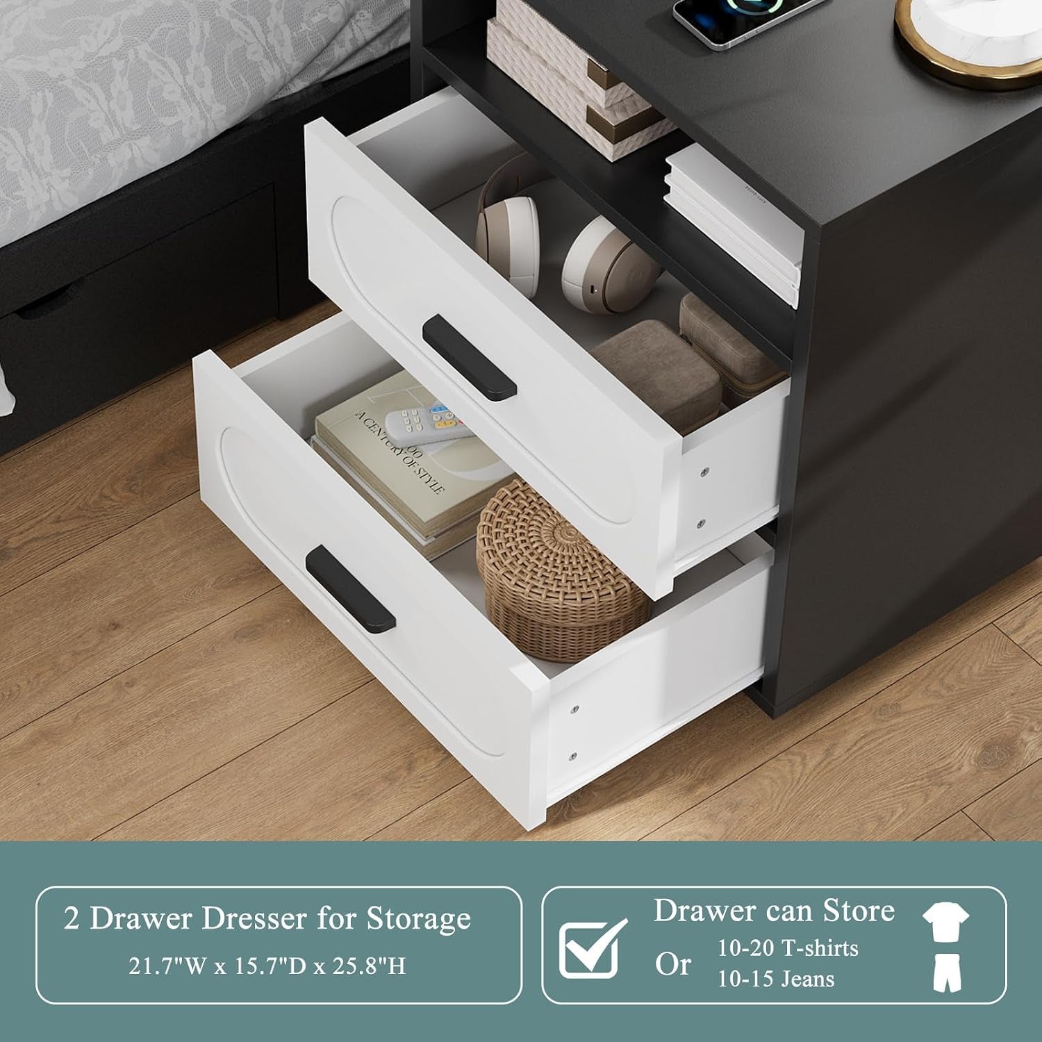 Side view with both drawers open showing interior storage with books and headphones