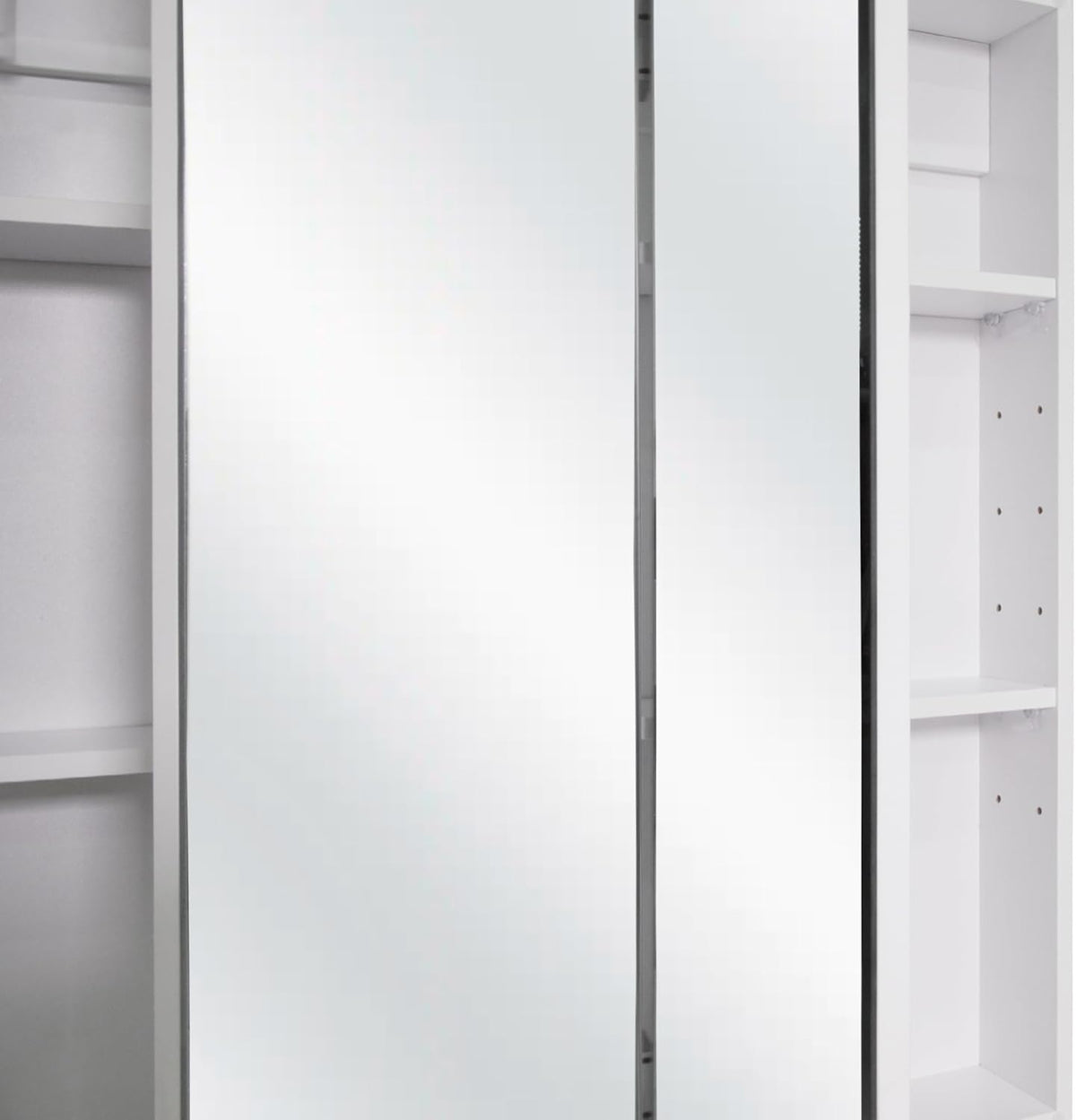 Close-up of the cabinet’s three mirrored doors with the right side revealing adjustable white shelves