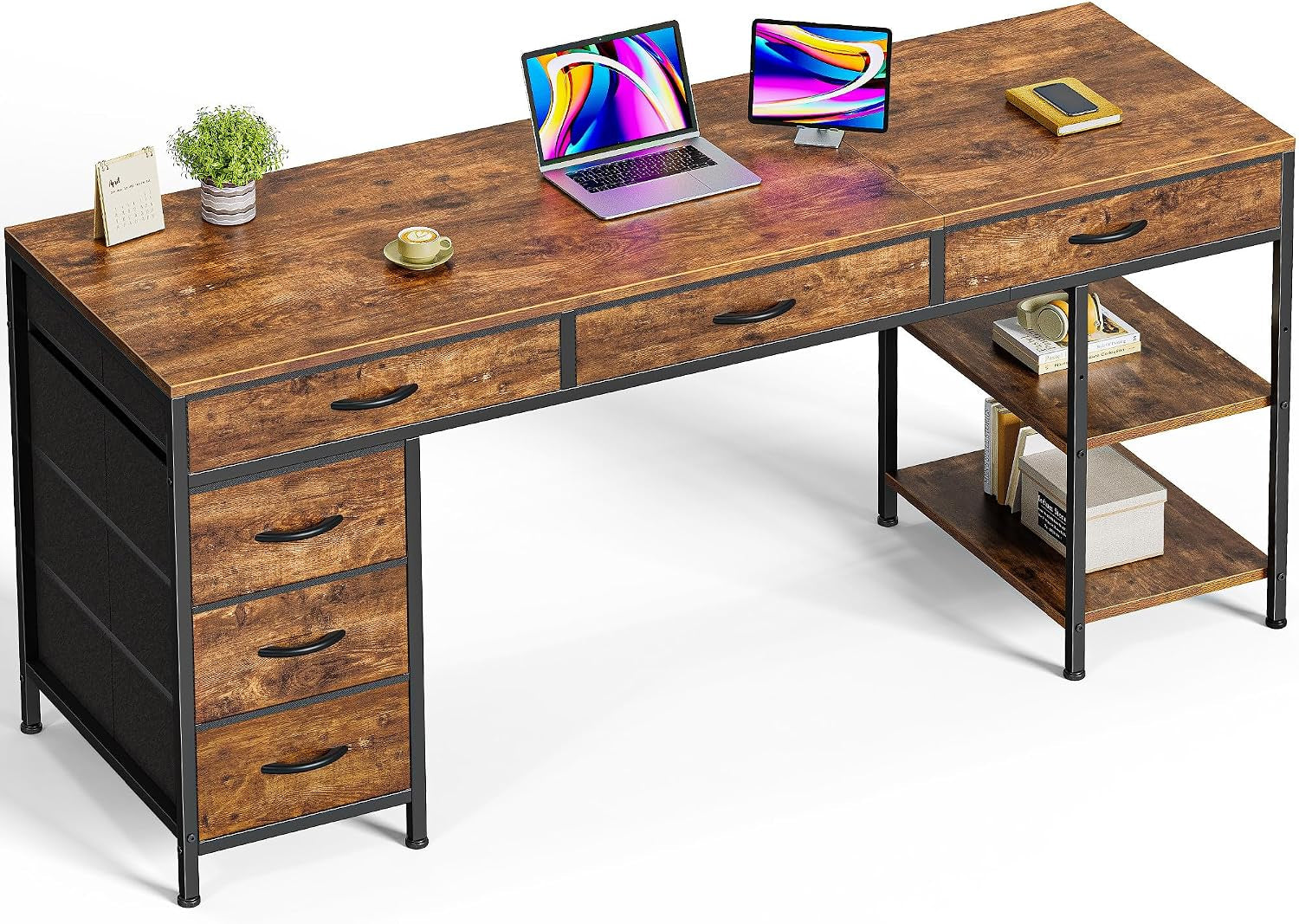 Warm rustic-brown woodgrain tabletop with matching shelves on the right holding books and a box.