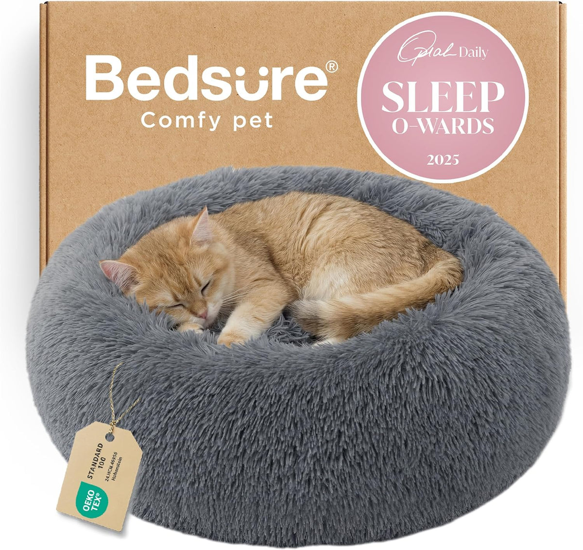 Gray faux-fur round donut pet bed with a sleeping orange tabby cat