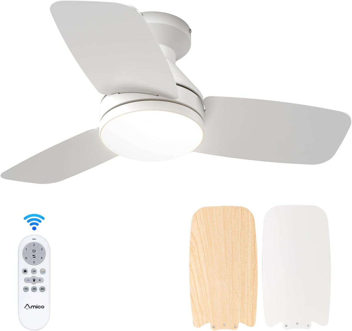 Angled studio view of the low-profile white ceiling fan with two spare blade finishes and the remote shown below.