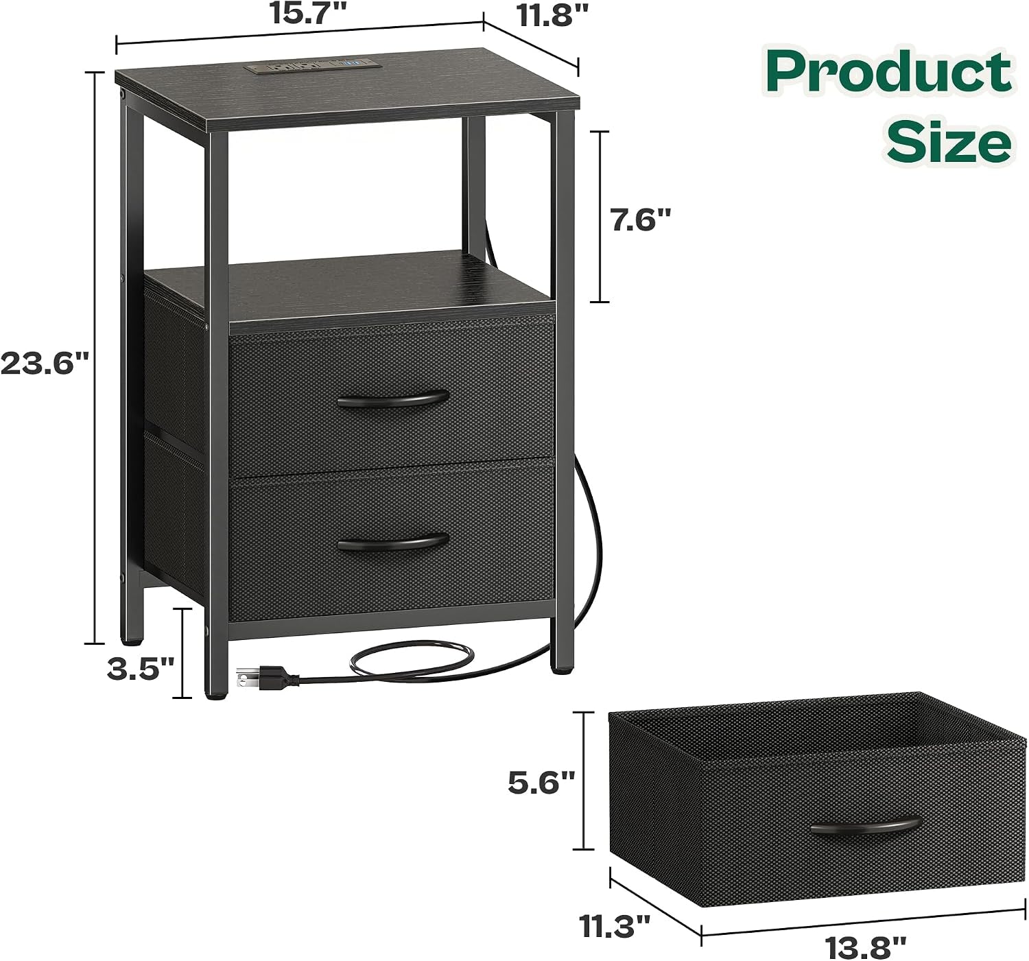 Dimension diagram of black nightstand with measurements 15.7" W, 11.8" D and 23.6" H and drawer dimensions