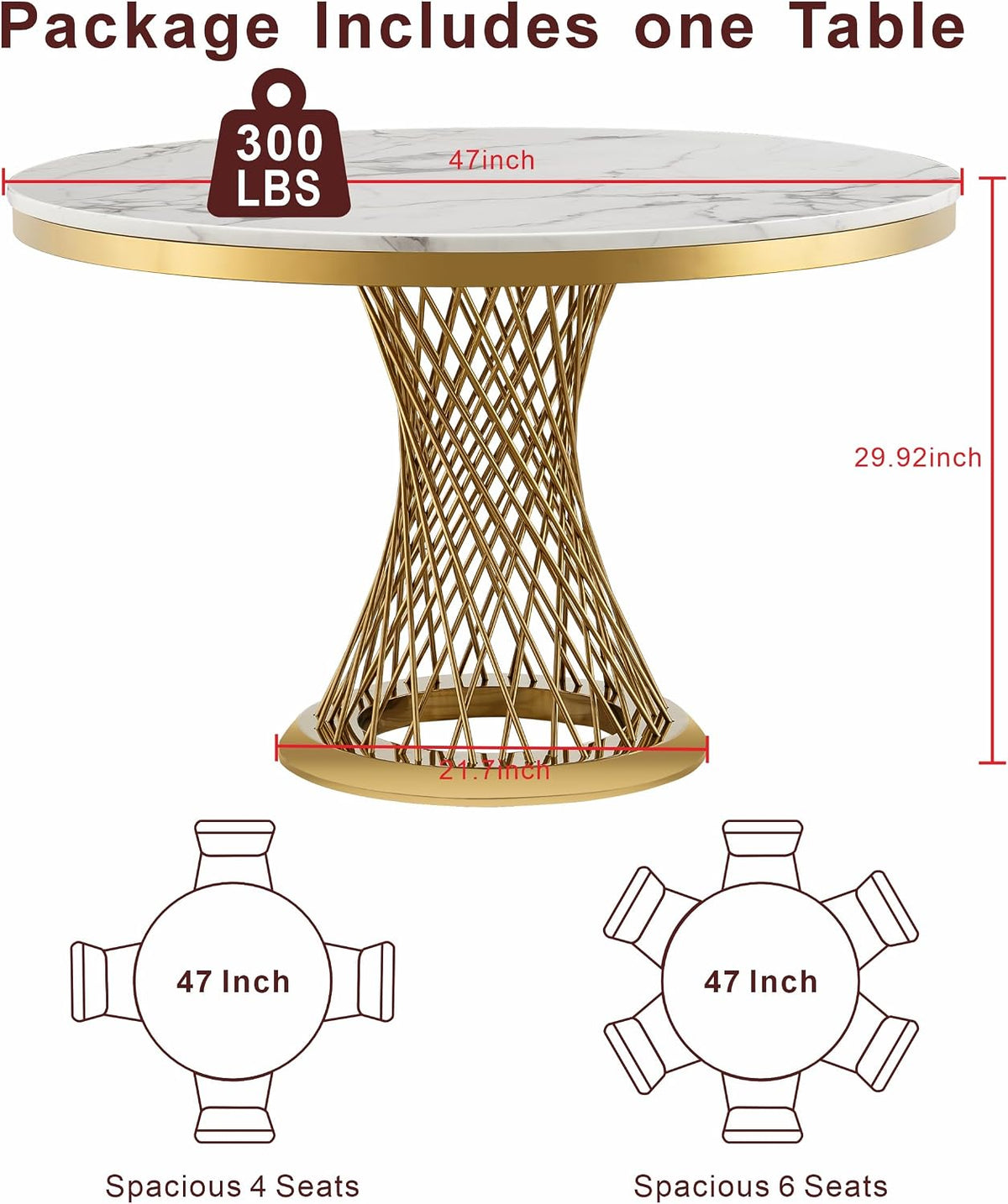 Graphic diagram of the 47-inch round table showing 47" diameter, 29.92" height and 300 lb capacity with gold base