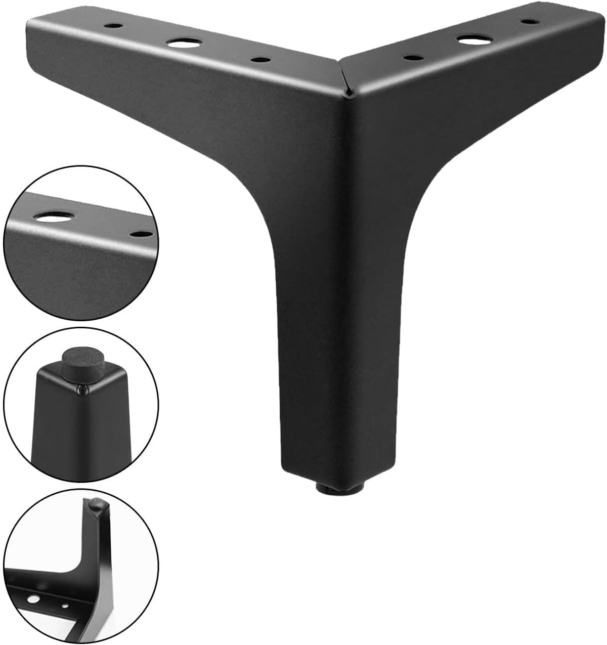 Single black metal leg with circular insets showing edge finish, foot pad and the mounting plate