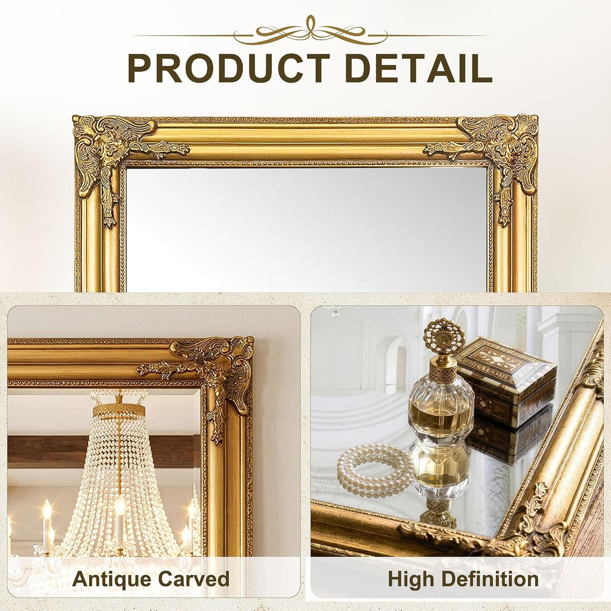 Close-up of antique carved gold frame corner and high-definition mirror surface with decorative objects reflected