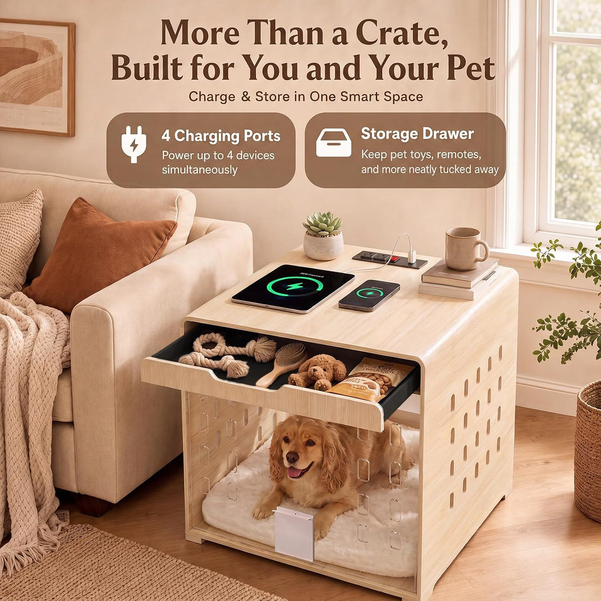 Oak end table crate with storage drawer open and devices charging on top highlighting the built-in outlets and USB ports