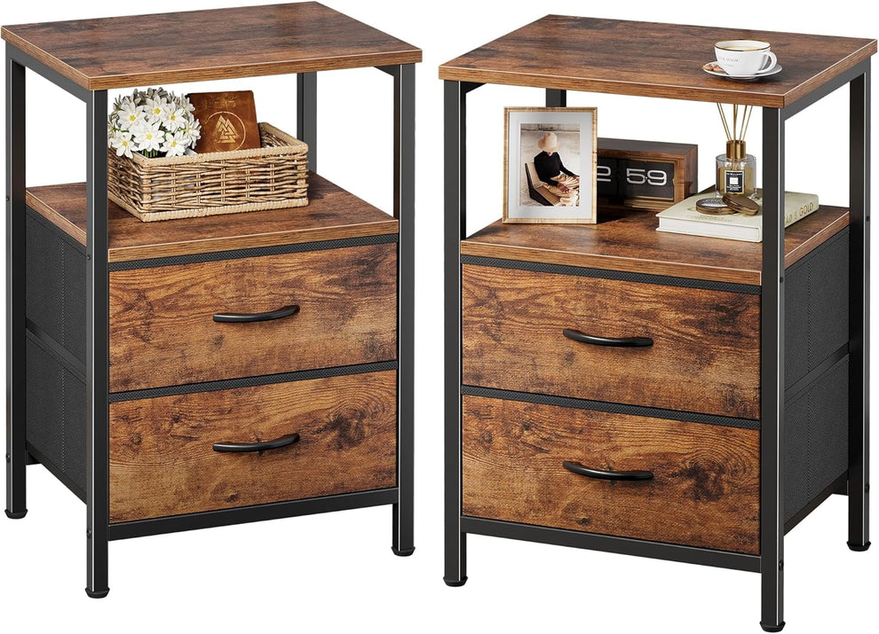 Pair of two-drawer nightstands in rustic brown woodgrain finish with black steel frame front view