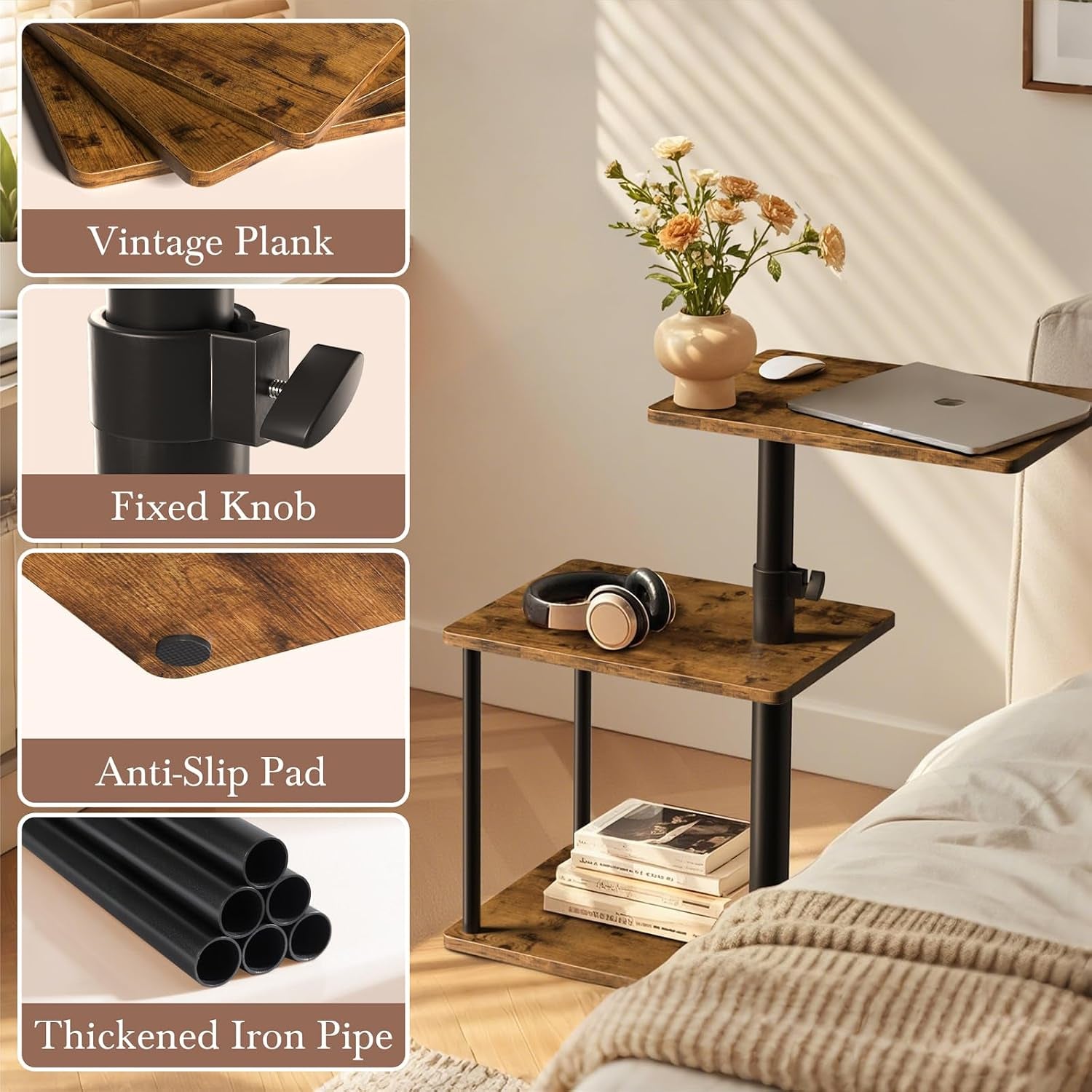 Collage showing tabletop finish, height-lock knob, anti-slip pad and black metal pipes on the brown table.