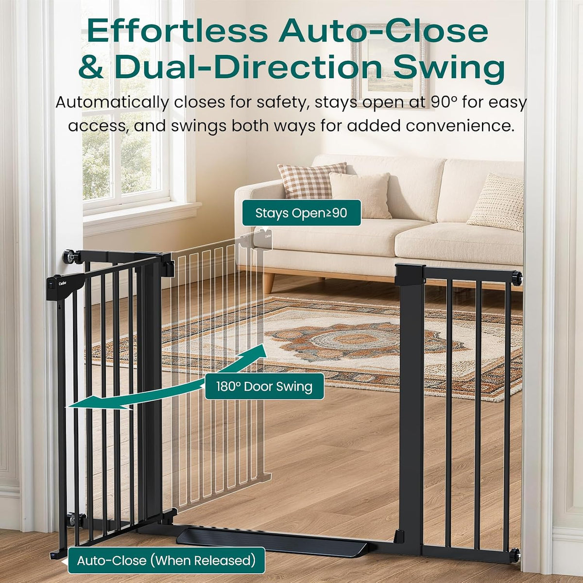 Angled view of a black metal swing gate mounted in a doorway, partially open toward a sofa and area rug.
