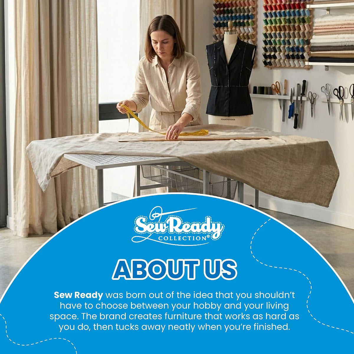 Woman measuring fabric on the table in a sewing studio with thread spools and dress form in the background