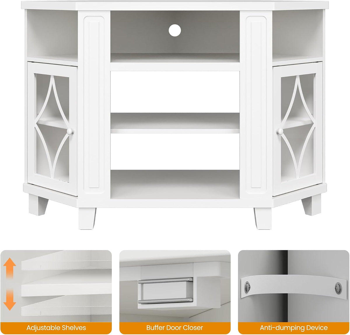 Straight-on studio shot of the white corner TV stand with closed doors showing front profile and tapered legs