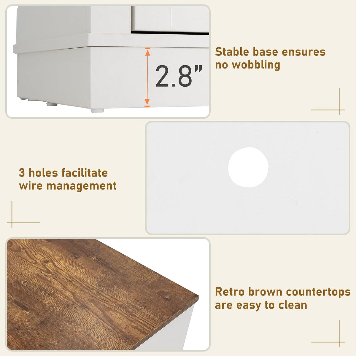 Close-up of retro brown wood tabletop and white base showing the 2.8-inch support base and cable management hole