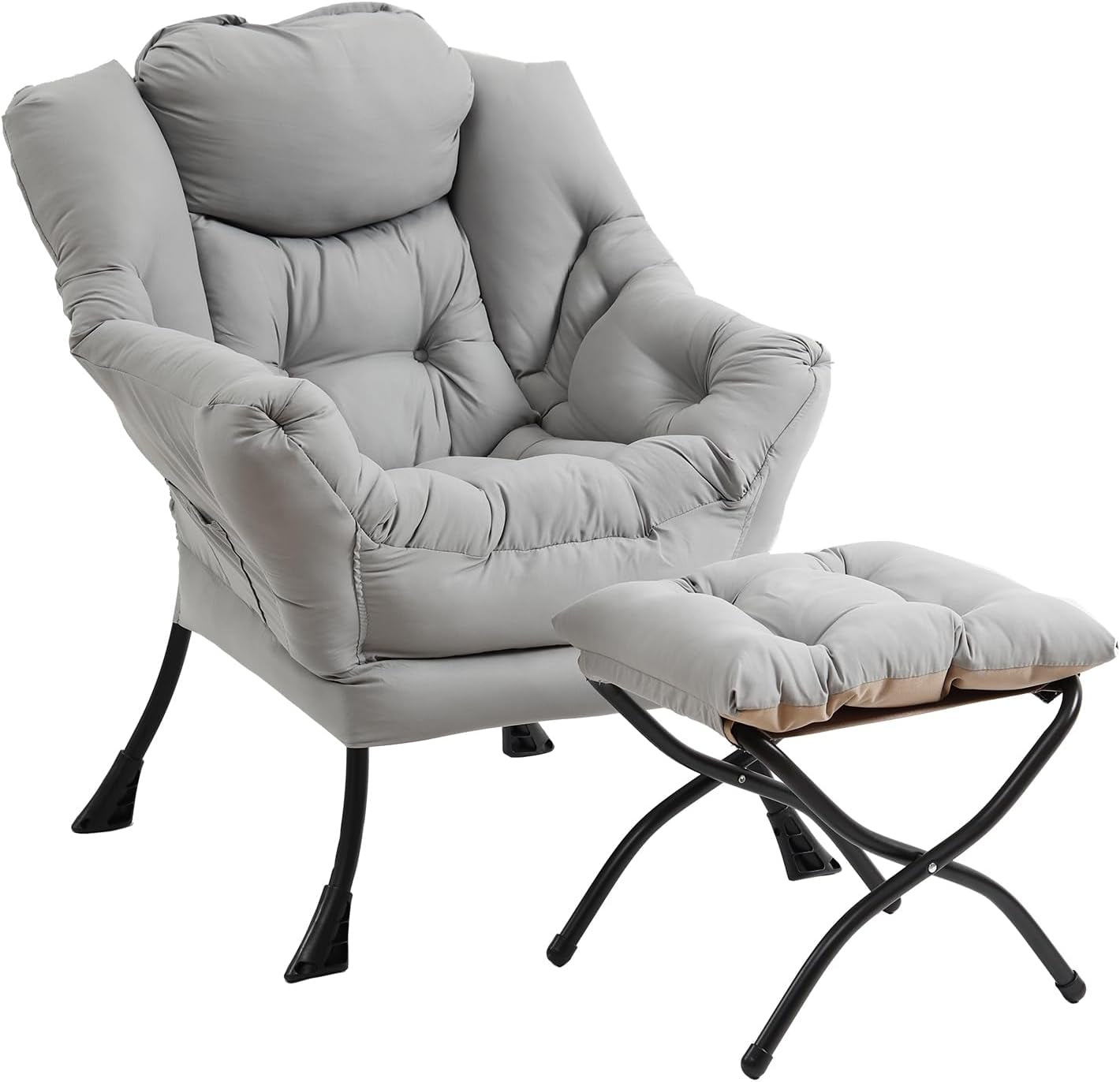 Light gray padded lounge chair with matching tufted ottoman on black metal legs