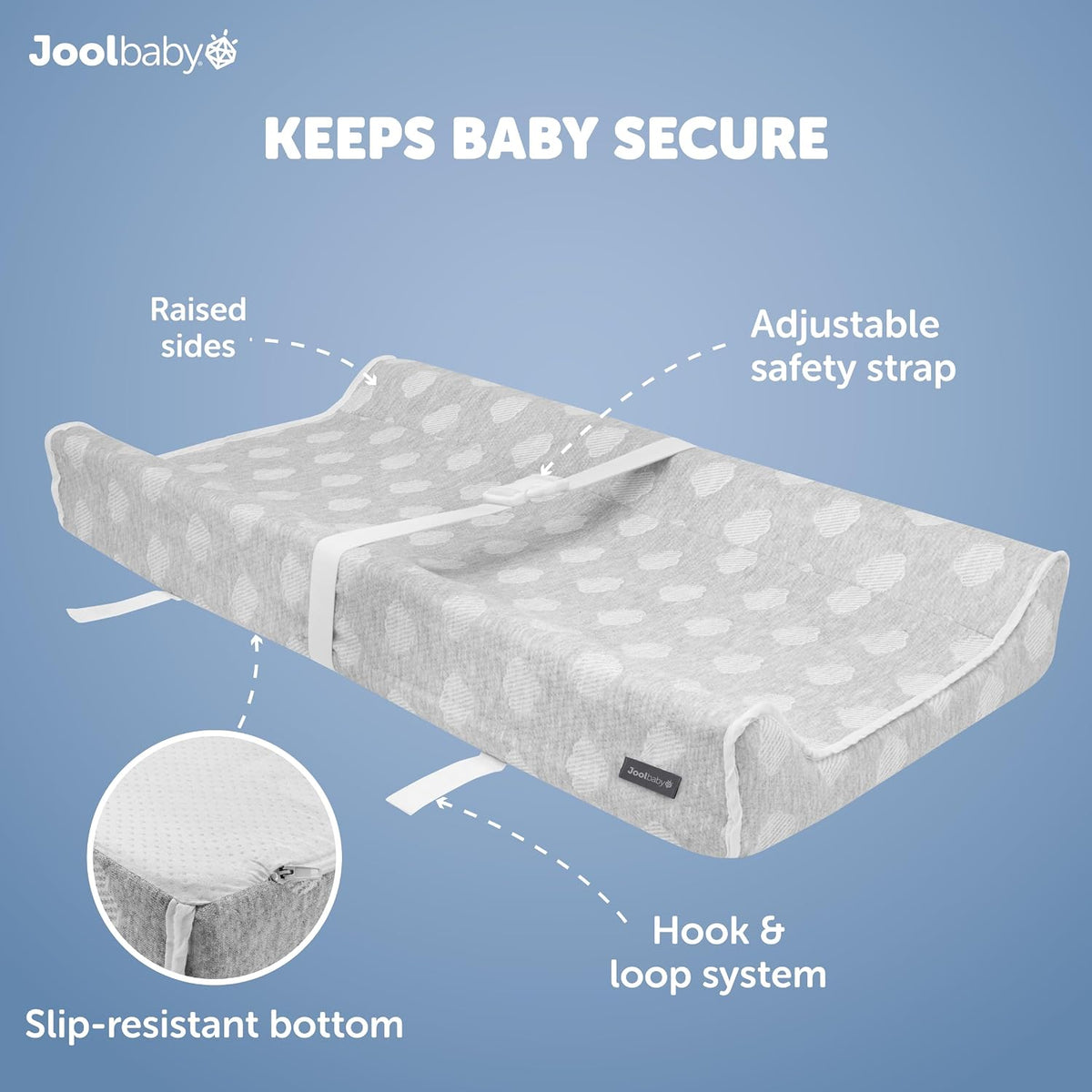 Angled product diagram of a gray contoured changing pad with raised sides, white adjustable safety strap and inset close-up