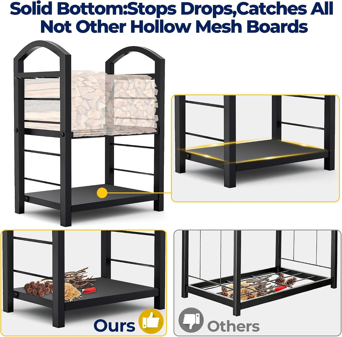 Black firewood rack illustrating a solid bottom shelf that contains ash and debris compared with a mesh-style base