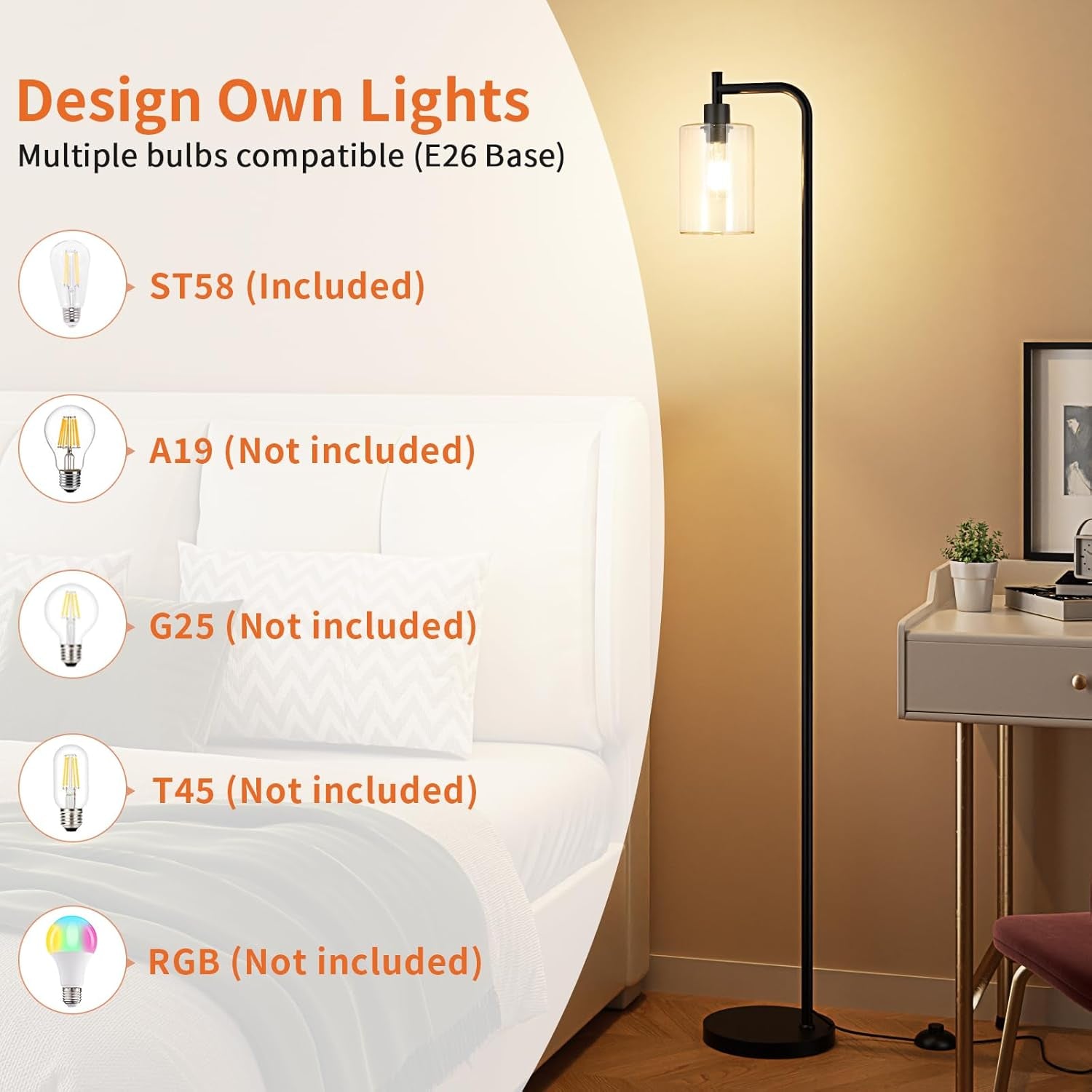 Graphic showing compatible bulb types with the black floor lamp and clear shade