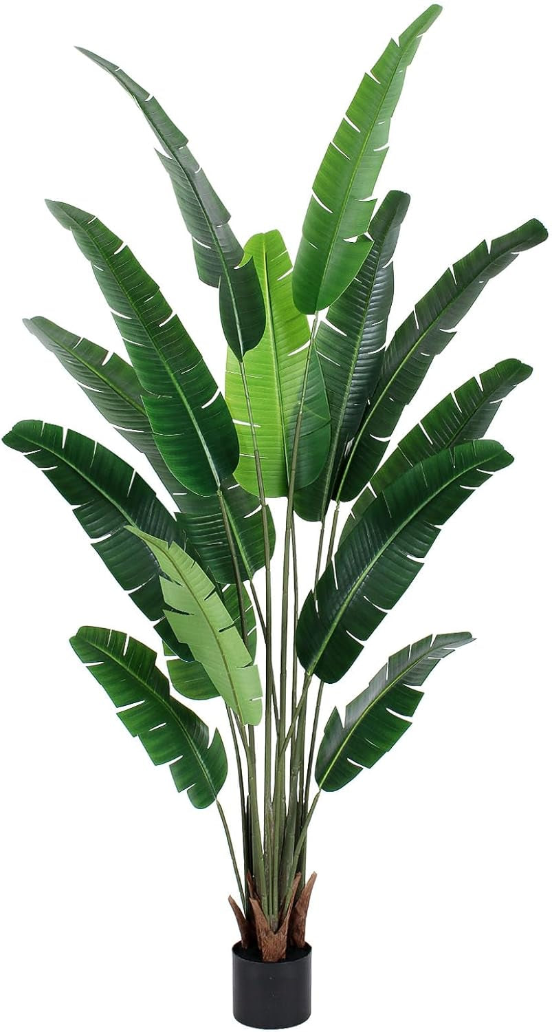 Front view of the artificial bird-of-paradise plant in a small black nursery pot on white