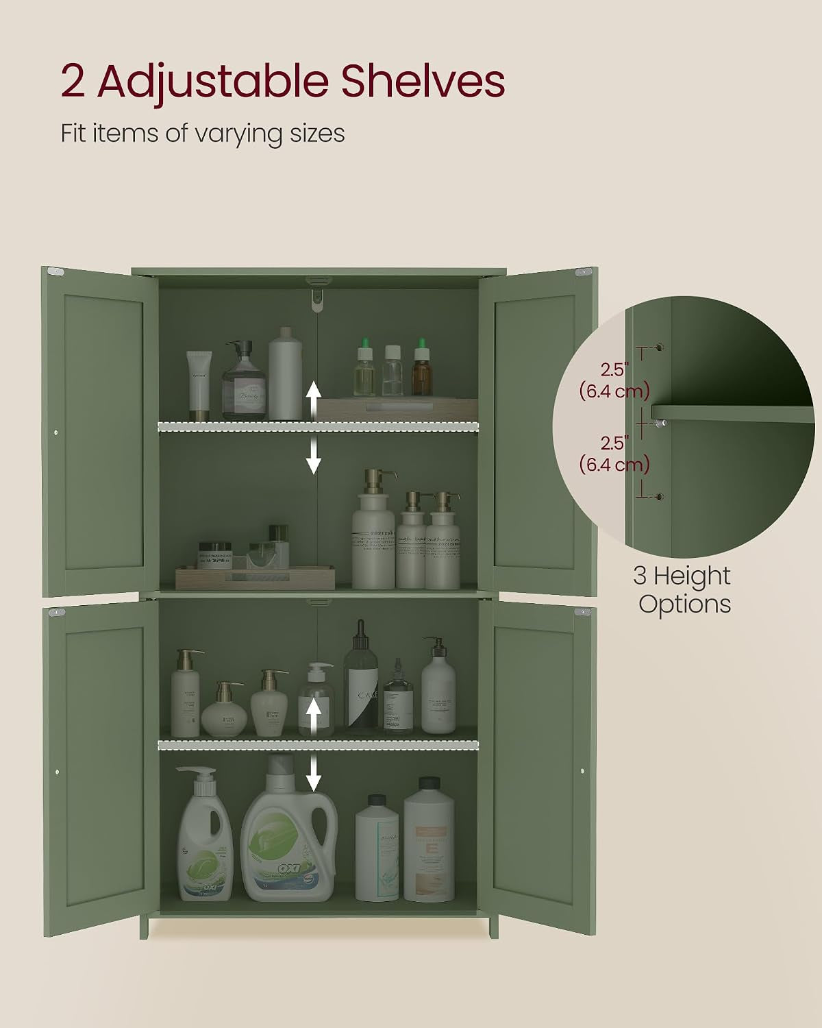 Open forest green cabinet showing two adjustable shelves and an inset detail illustrating three height options for shelf pins