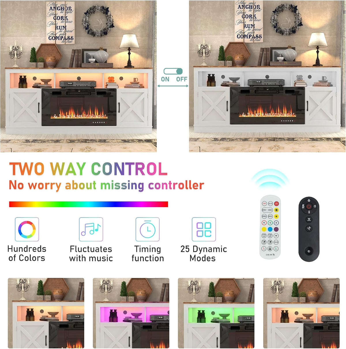 Side-by-side views showing top shelf RGB LED lights on and off with two remote controls on display