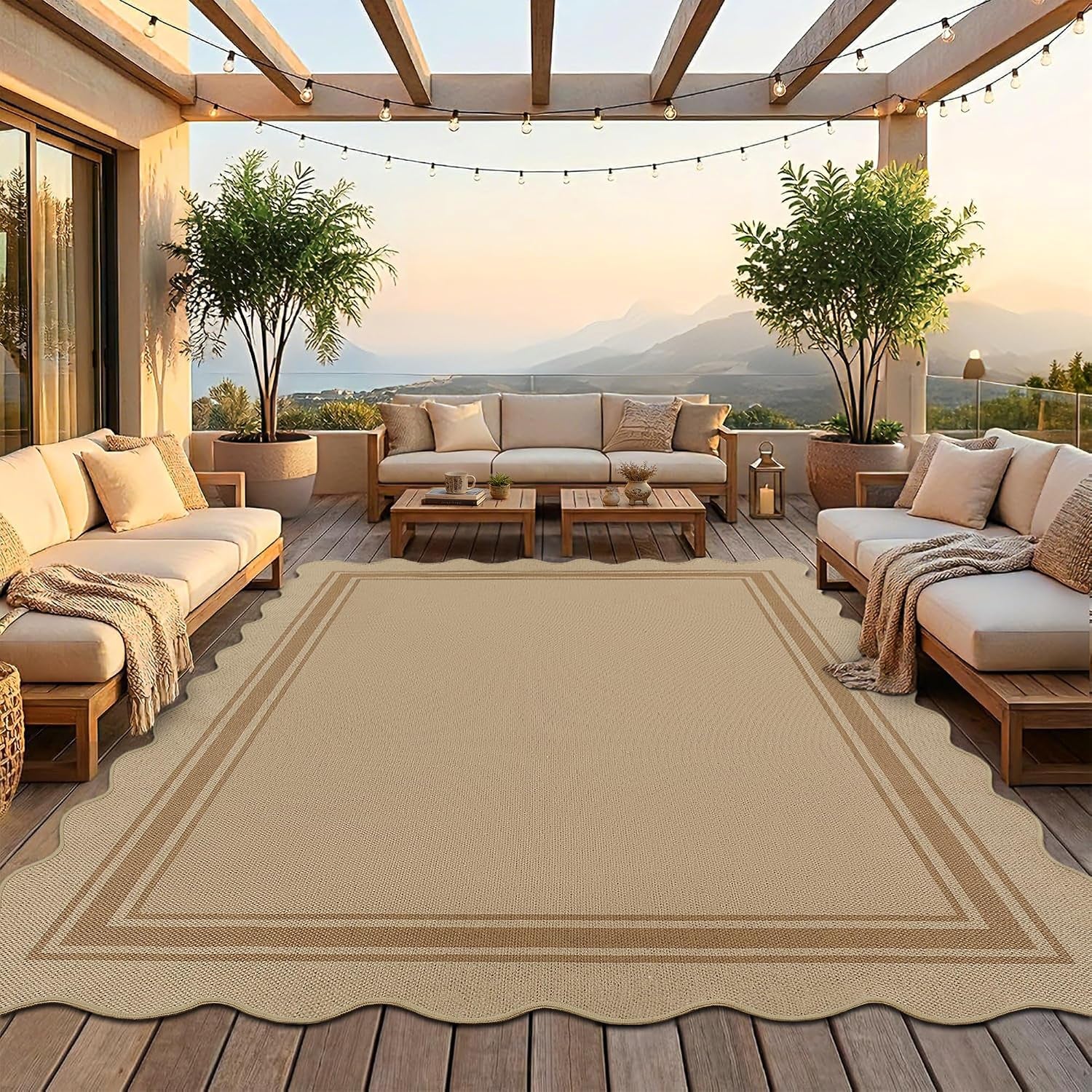 Spacious outdoor seating area with a large scalloped beige rug on a wooden deck