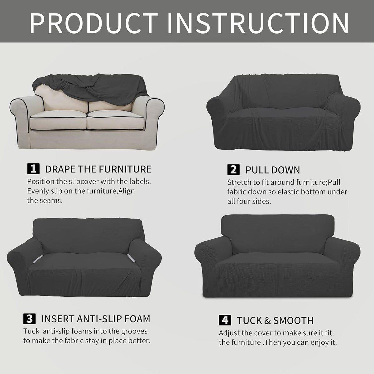 Four-step pictorial showing a dark gray slipcover draped, pulled down, foam tucked, and smoothed onto a loveseat.