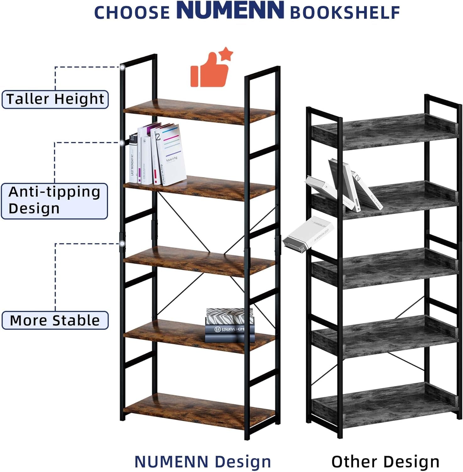 Two illustrated five-tier shelving units side by side comparing a taller brown design with a darker alternate design.