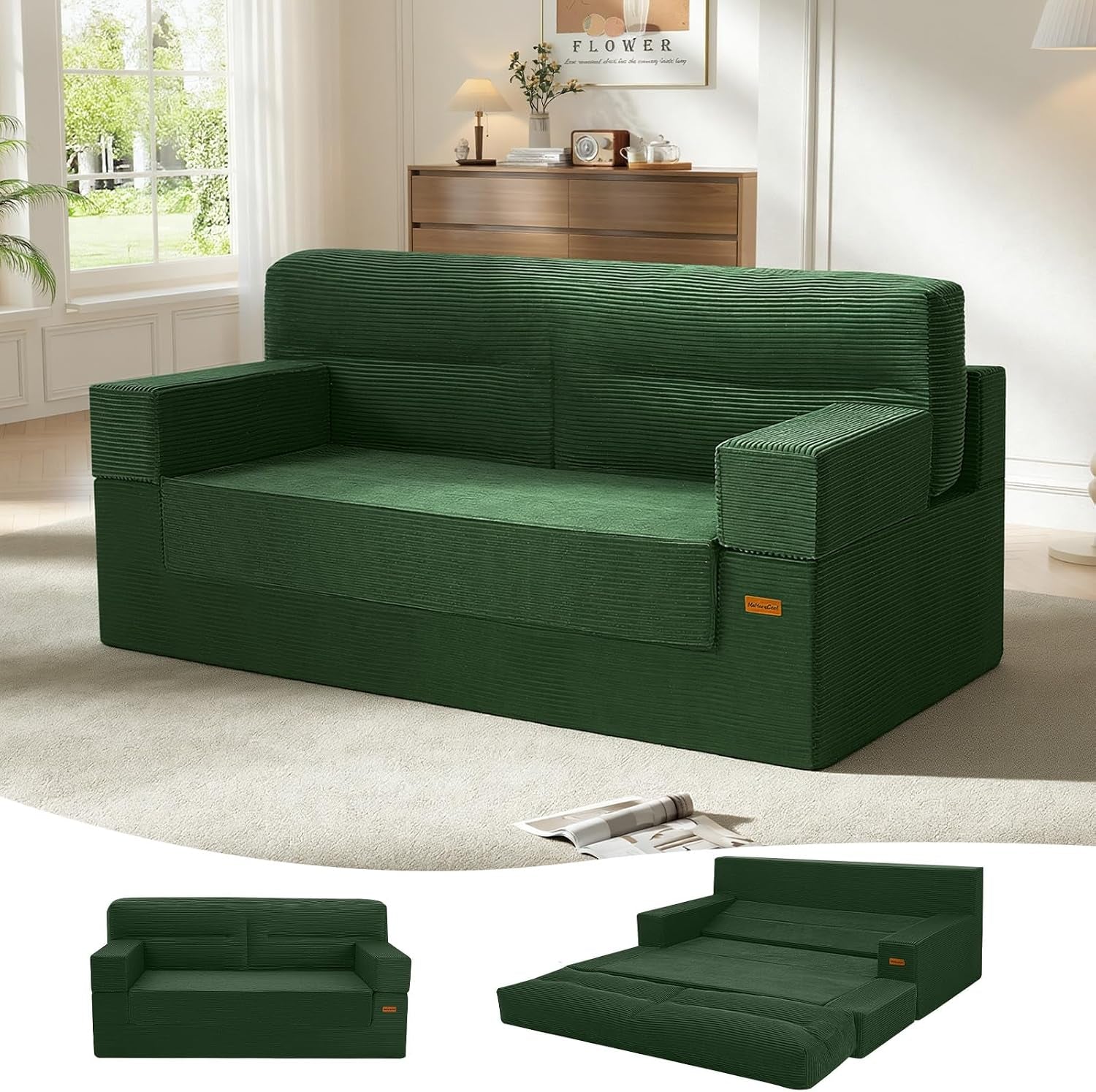 Green corduroy loveseat futon staged in a living room, with small thumbnails showing it folded flat