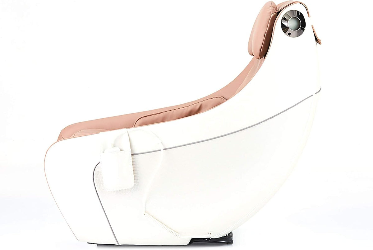 Side profile of a white-framed massage chair with a beige seat and a small pocket on the outer arm.