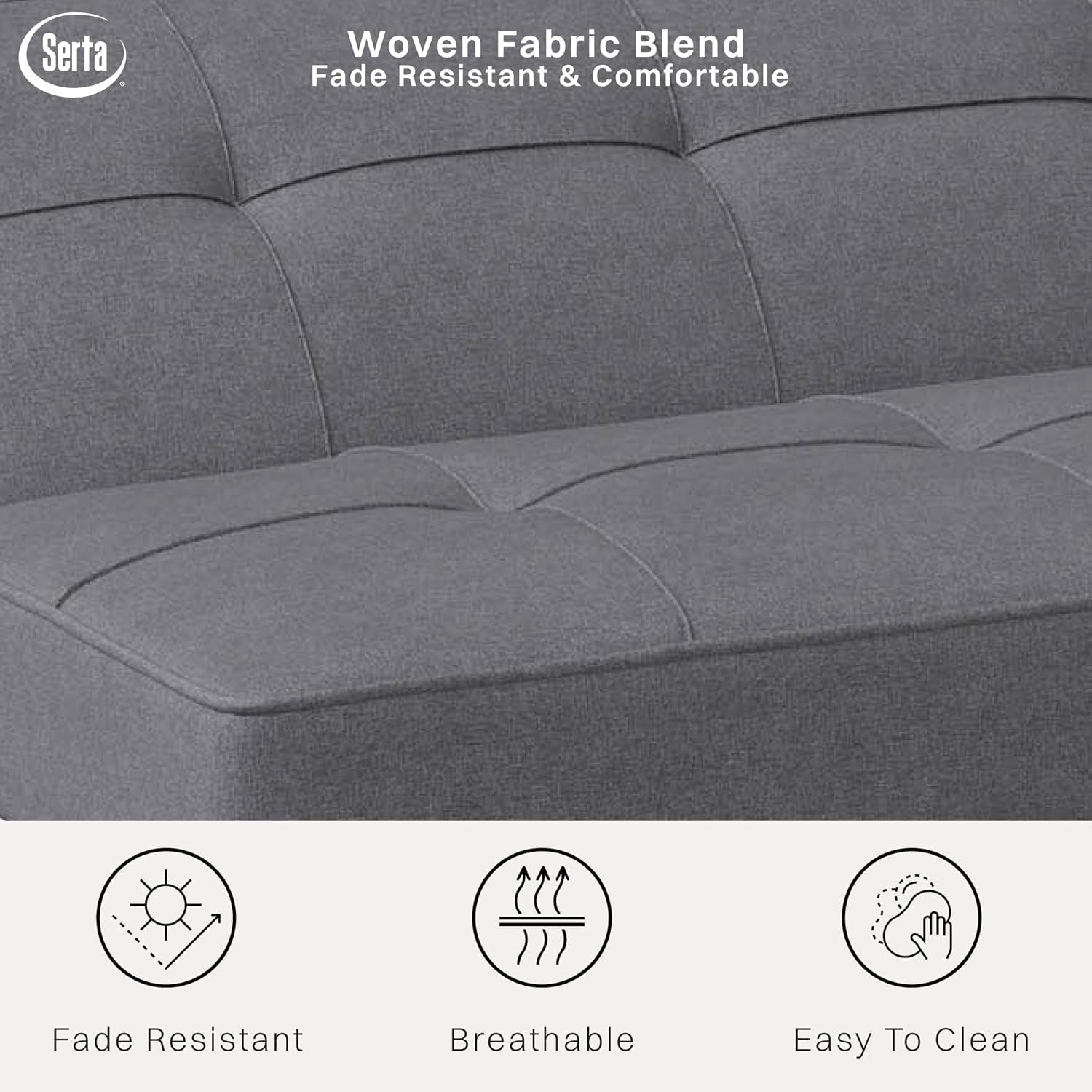Close-up of the gray woven upholstery showing tufted stitching and textured fabric weave