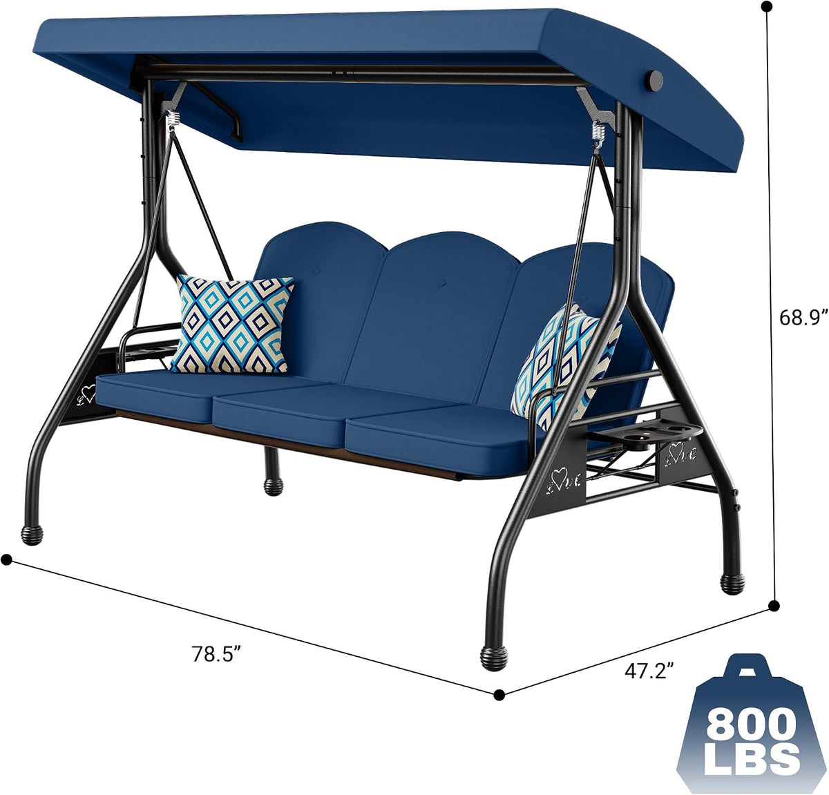 Three-quarter view of blue swing with dimensions overlay and an 800 lb support rating icon
