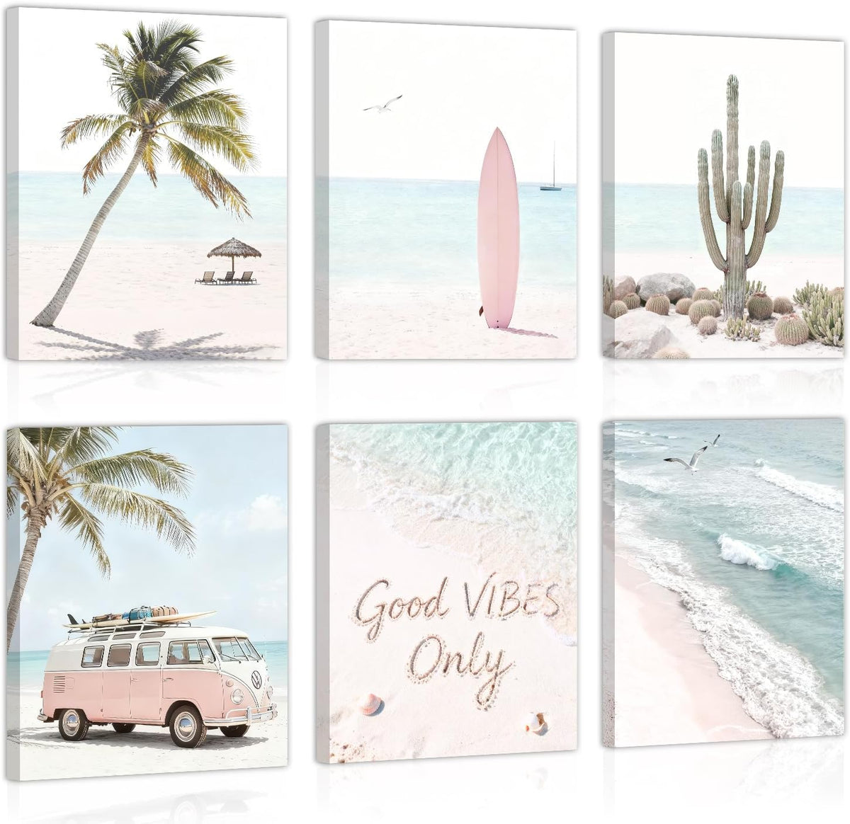 Six pastel beach prints arranged in two rows showing palm trees, surfboard, cactus, vintage van, sand text and waves.