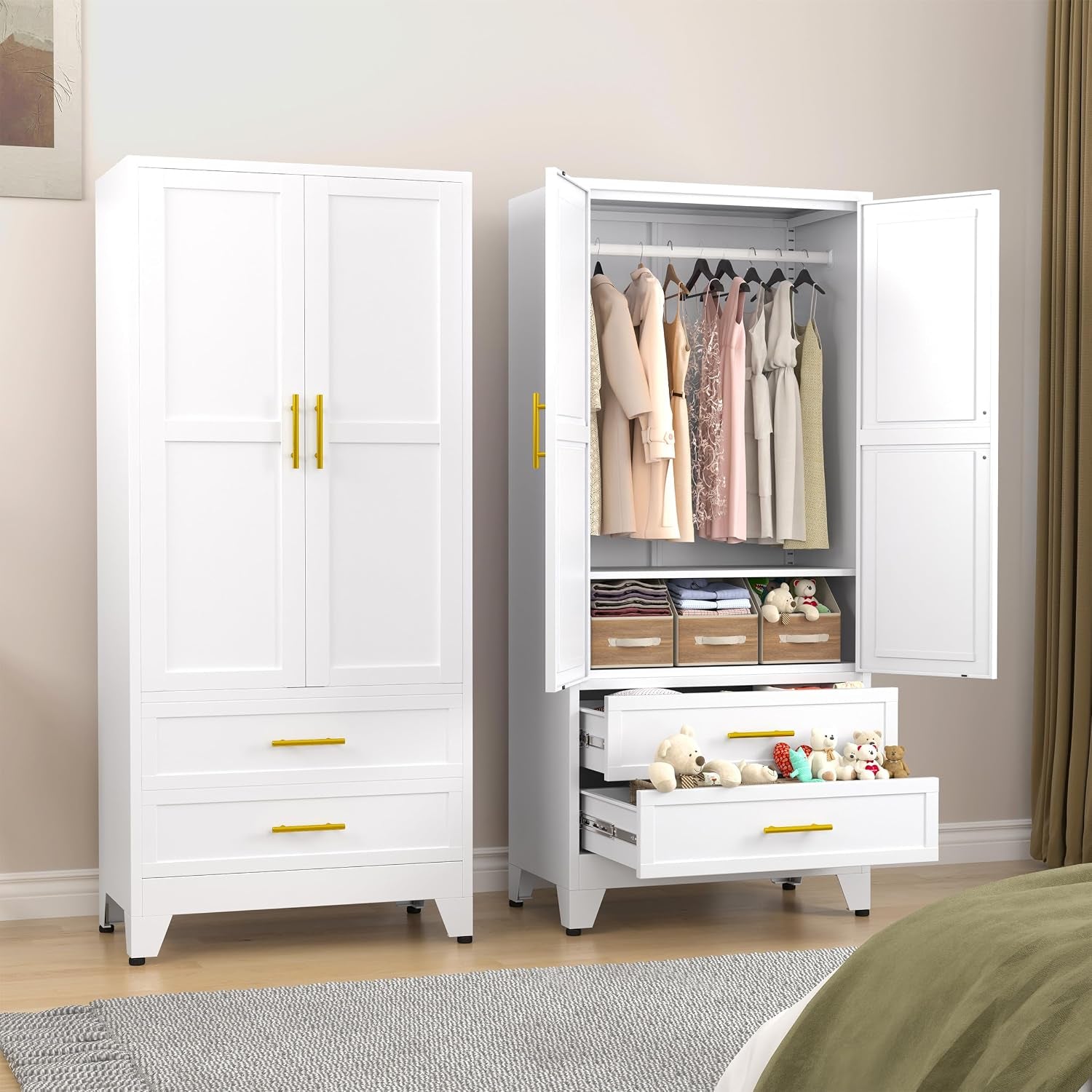 Two white wardrobes side by side; right unit open showing hanging clothes, cubbies and two open drawers with toys.
