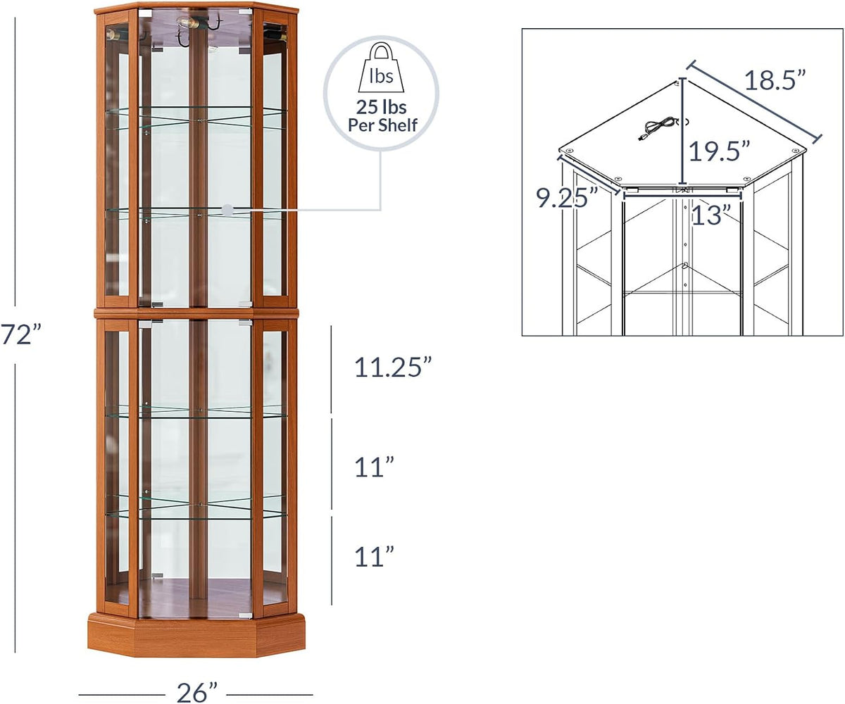 Front view and top-detail diagram of the corner curio cabinet with dimension callouts.