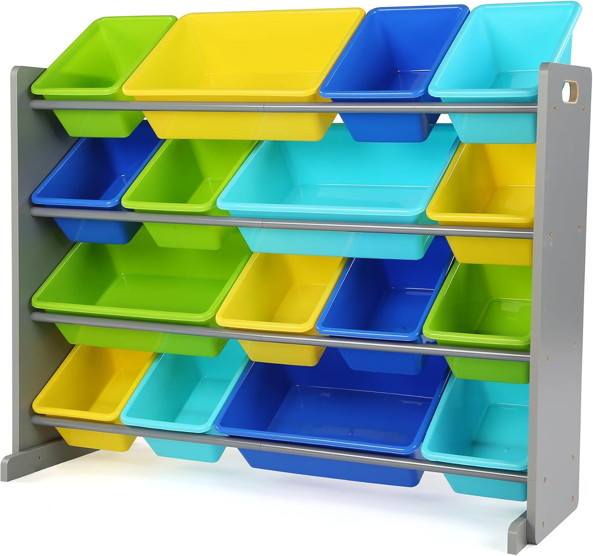 Gray-framed 4-tier organizer filled with bright green, yellow, aqua, and royal blue bins.