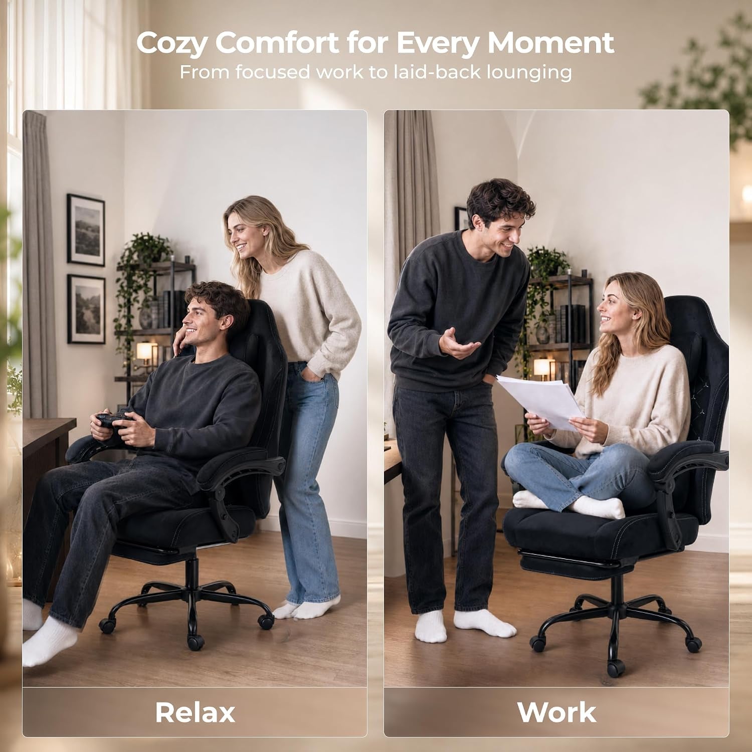 Split lifestyle image showing relaxed reclining and upright working positions of two people using the fabric gaming chair